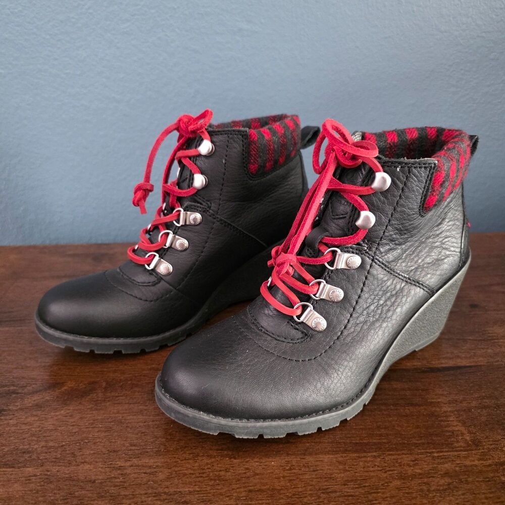 Sperry Top Sider Celeste Bliss Women's 6.5 Black Red Leather Wedge Booties Boots
